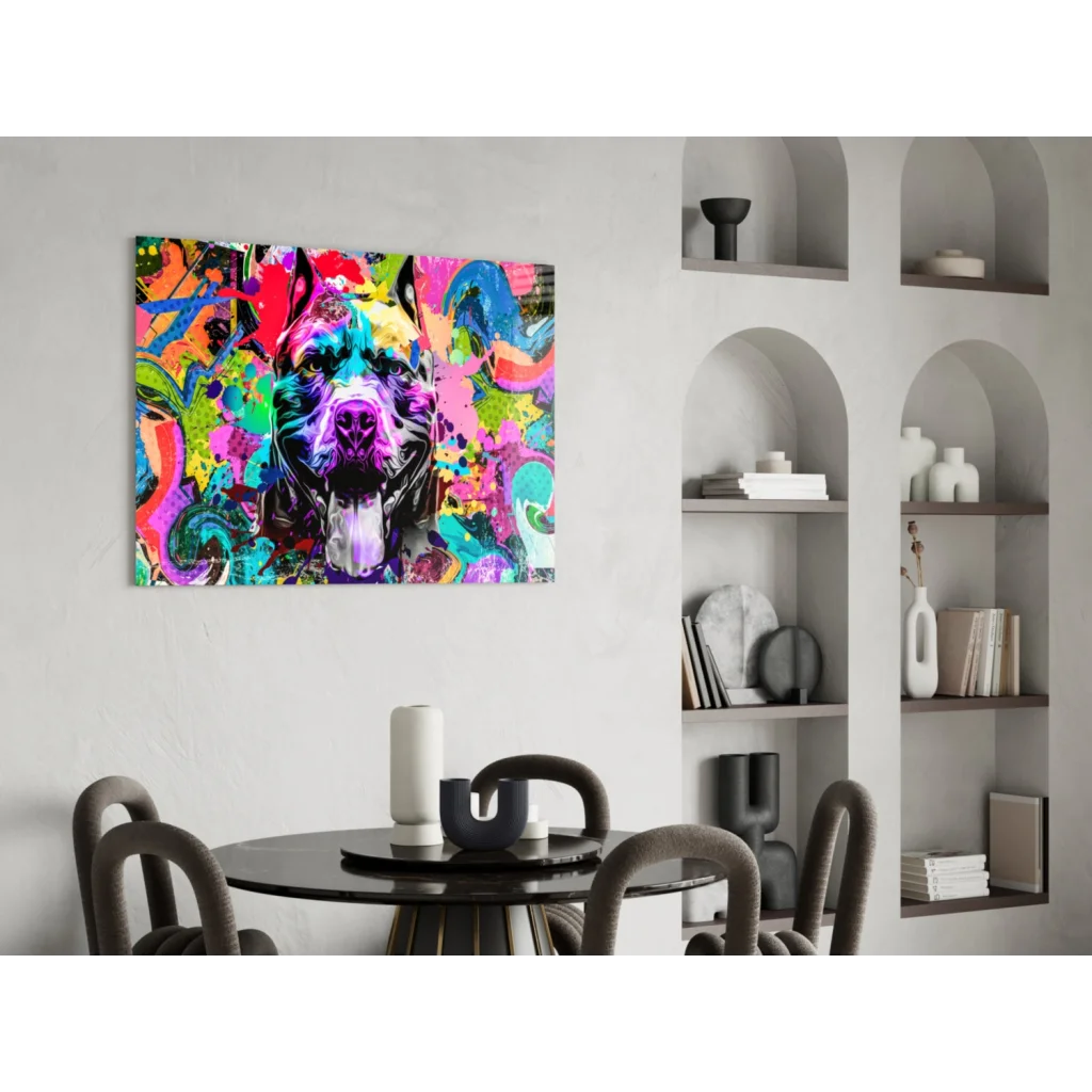 Vibrant Graffiti Pit Bull pop art canvas wall art in neon pink, blue, green