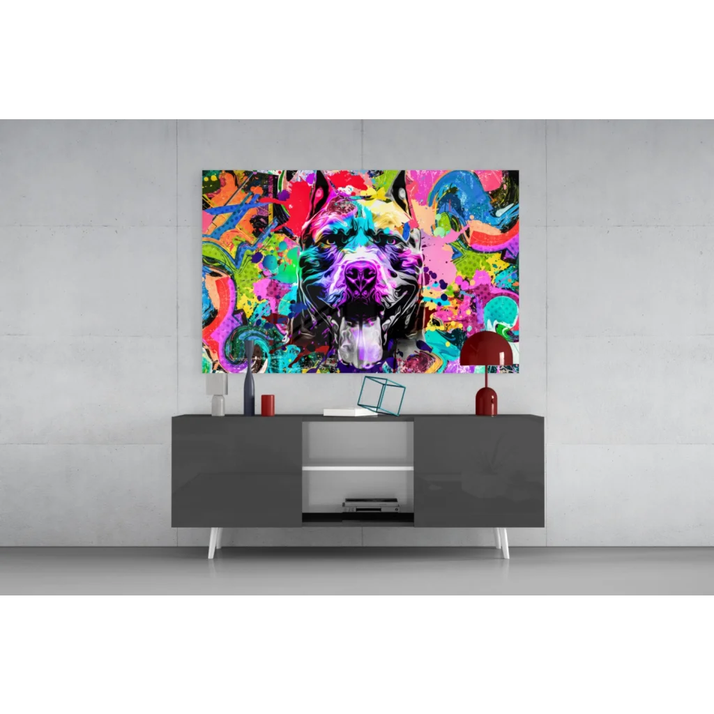Vibrant graffiti Pit Bull pop art canvas wall art on gray console