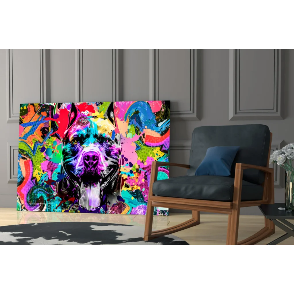 Vibrant graffiti pit bull pop art canvas wall art with colorful splashes