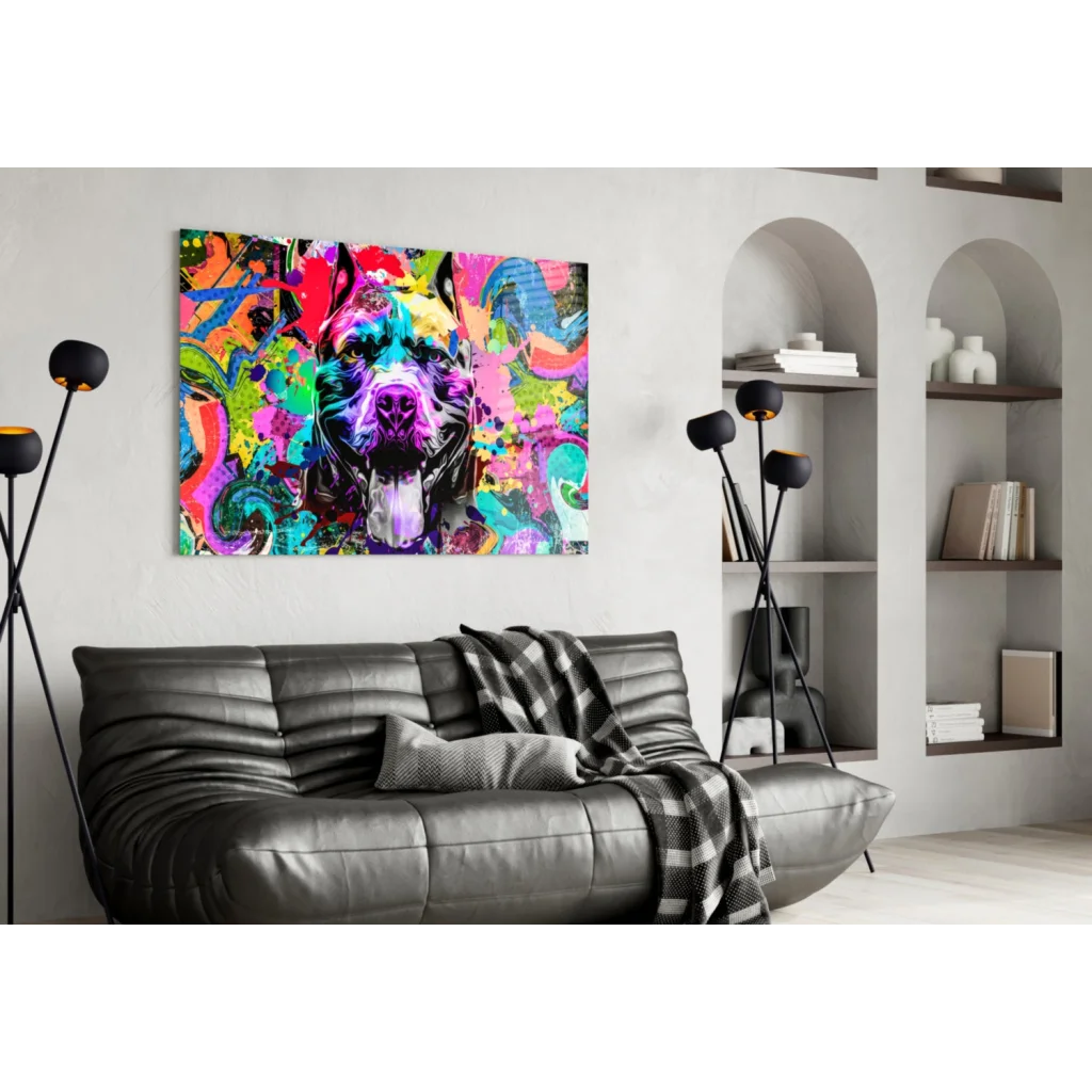 Vibrant graffiti pit bull pop art canvas wall art in neon swirls