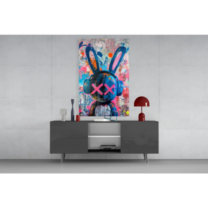 Vibrant urban rabbit beats glass wall art with graffiti rabbit headphones