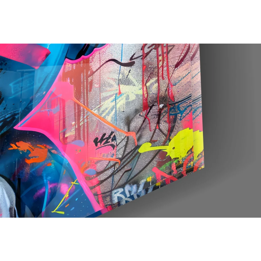 Vibrant neon graffiti on Urban Rabbit Beats glass wall art