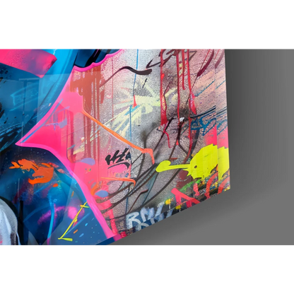 Vibrant neon graffiti on Urban Rabbit Beats glass wall art