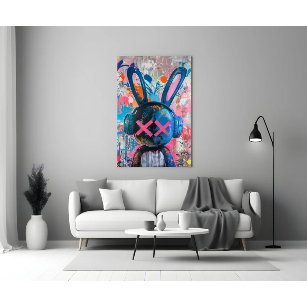 Vibrant blue pink graffiti rabbit with headphones on glass wall art canvas