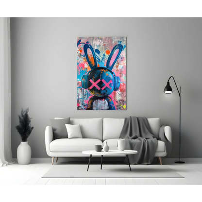 Vibrant blue pink graffiti rabbit with headphones on glass wall art canvas