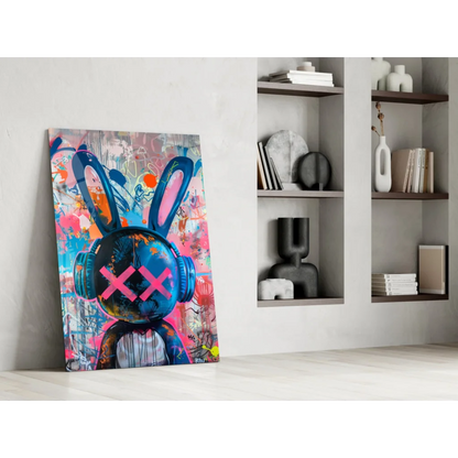 Vibrant blue bunny graffiti on glass wall art canvas with pink x eyes and headphones