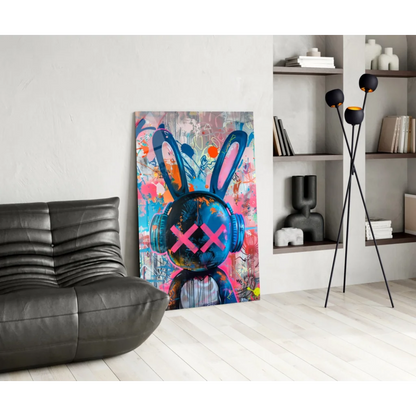 Vibrant KAWS bunny graffiti on glass wall art canvas print
