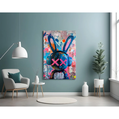 Vibrant blue bunny graffiti on glass wall art canvas print