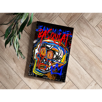 Vibrant graffiti skull canvas print with red yellow blue pops on black