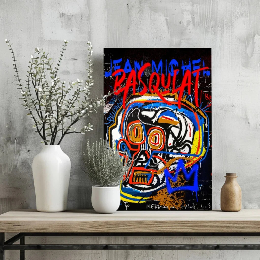 Vibrant graffiti skull canvas print with electric red, blue, yellow pop