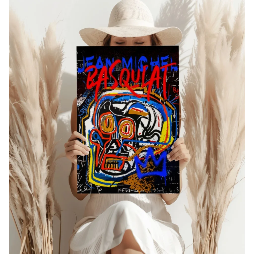 Vibrant graffiti skull canvas print with bold red blue yellow pops on black