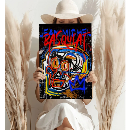 Vibrant graffiti skull canvas print with bold red blue yellow pops on black