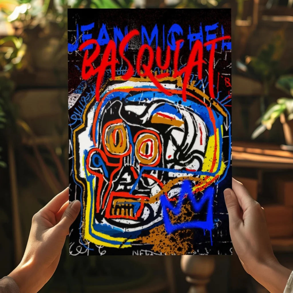 Vibrant graffiti skull canvas print with electric red, blue, yellow, black pop