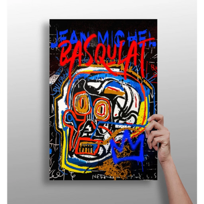 Vibrant graffiti skull canvas print in bold red blue yellow on black