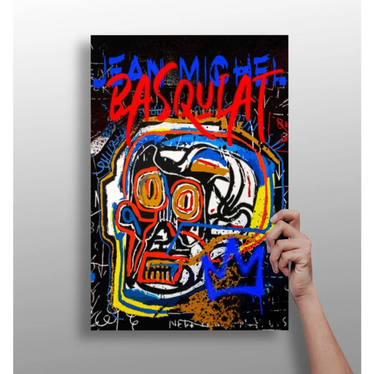 Vibrant graffiti skull canvas print in bold red blue yellow on black
