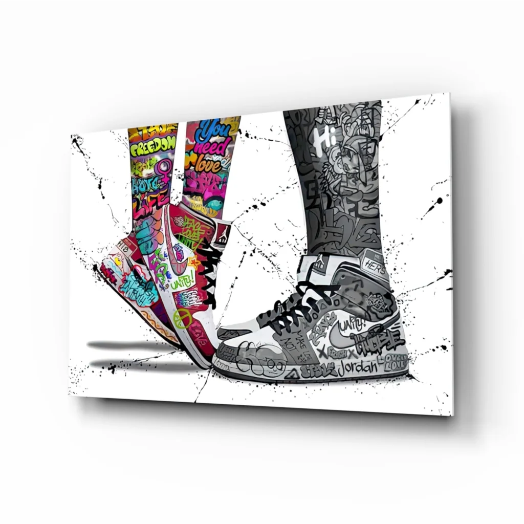 Vibrant graffiti sneakers canvas wall art print with pink teal and gray designs