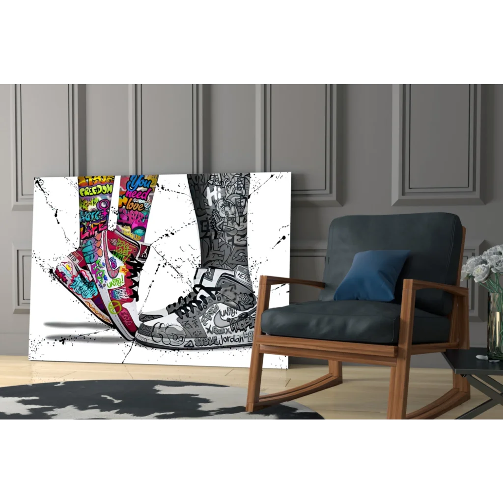 Vibrant graffiti sneakers canvas wall art print in pink and grayscale