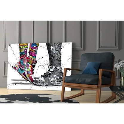 Vibrant graffiti sneakers canvas wall art print in pink and grayscale