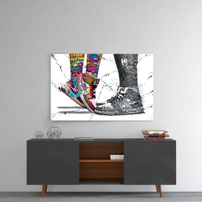 Vibrant graffiti sneakers wall art print on canvas above gray console