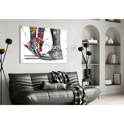 Vibrant graffiti sneaker wall art print with pink purple and grayscale shoes