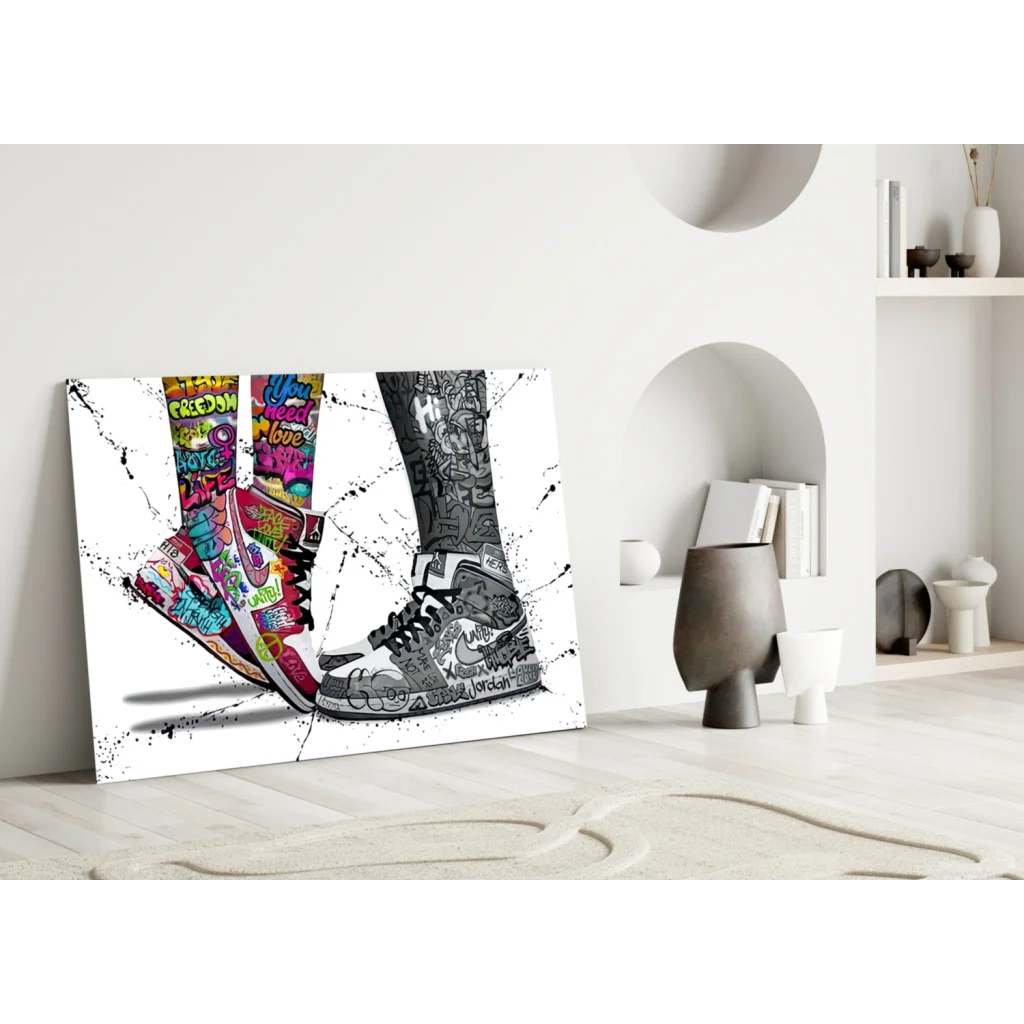 Vibrant graffiti sneaker wall art print with colorful and grayscale kicks