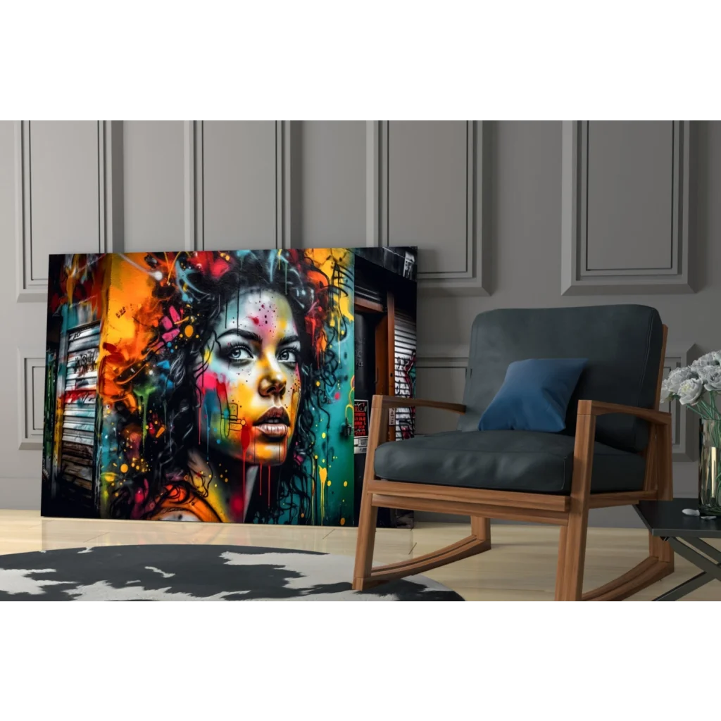 Vibrant graffiti woman portrait canvas wall art with colorful paint splashes