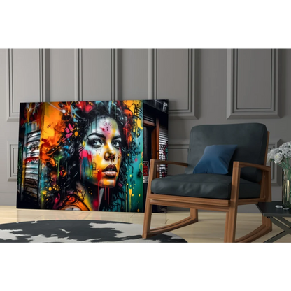 Vibrant graffiti woman portrait canvas wall art with colorful paint splashes
