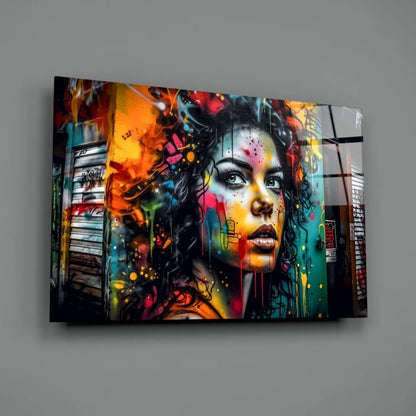 Vibrant graffiti woman portrait canvas wall art with colorful paint splashes