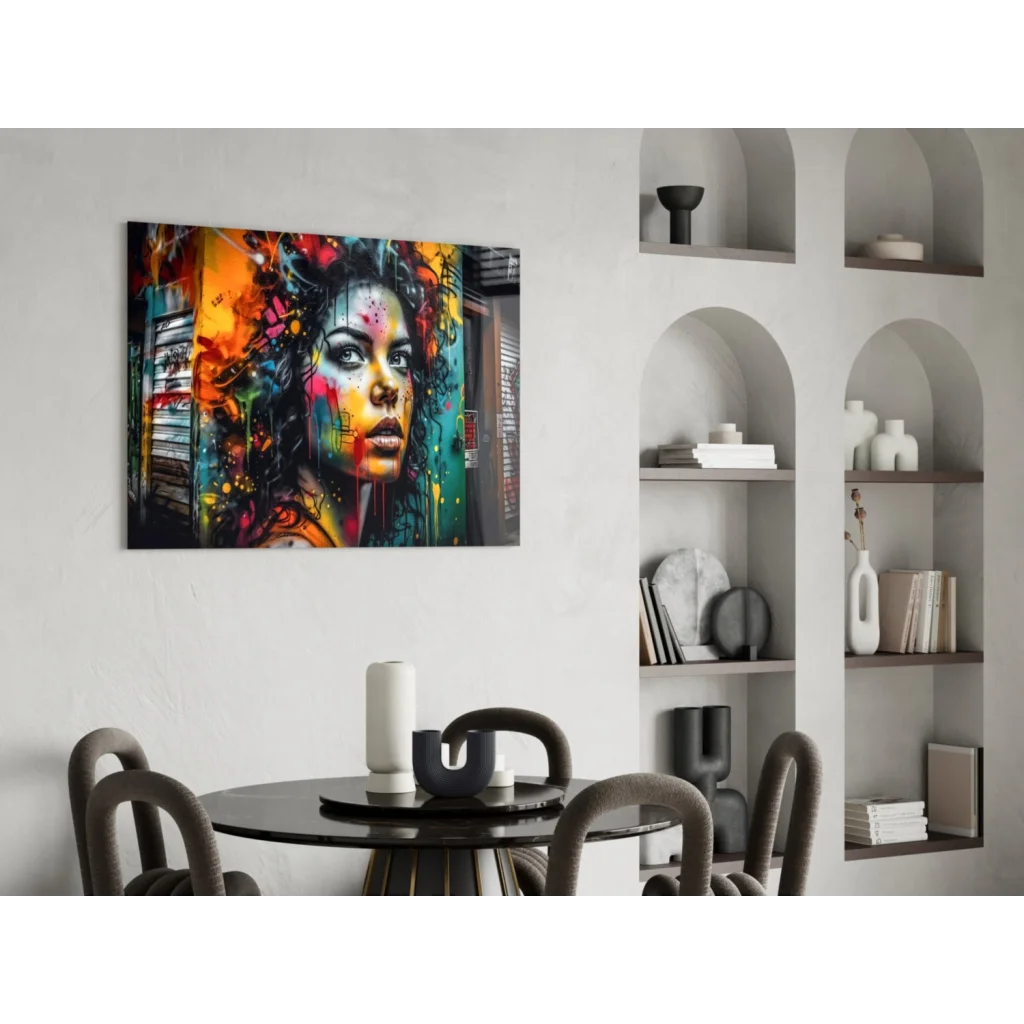 Vibrant graffiti woman portrait canvas wall art with orange, teal, pink splashes