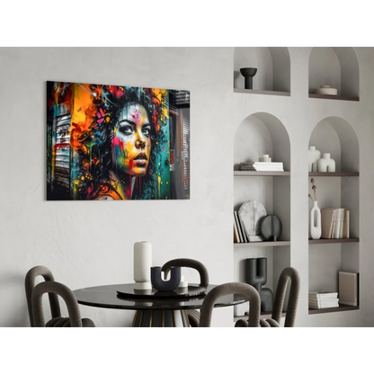 Vibrant graffiti woman portrait canvas wall art with orange, teal, pink splashes
