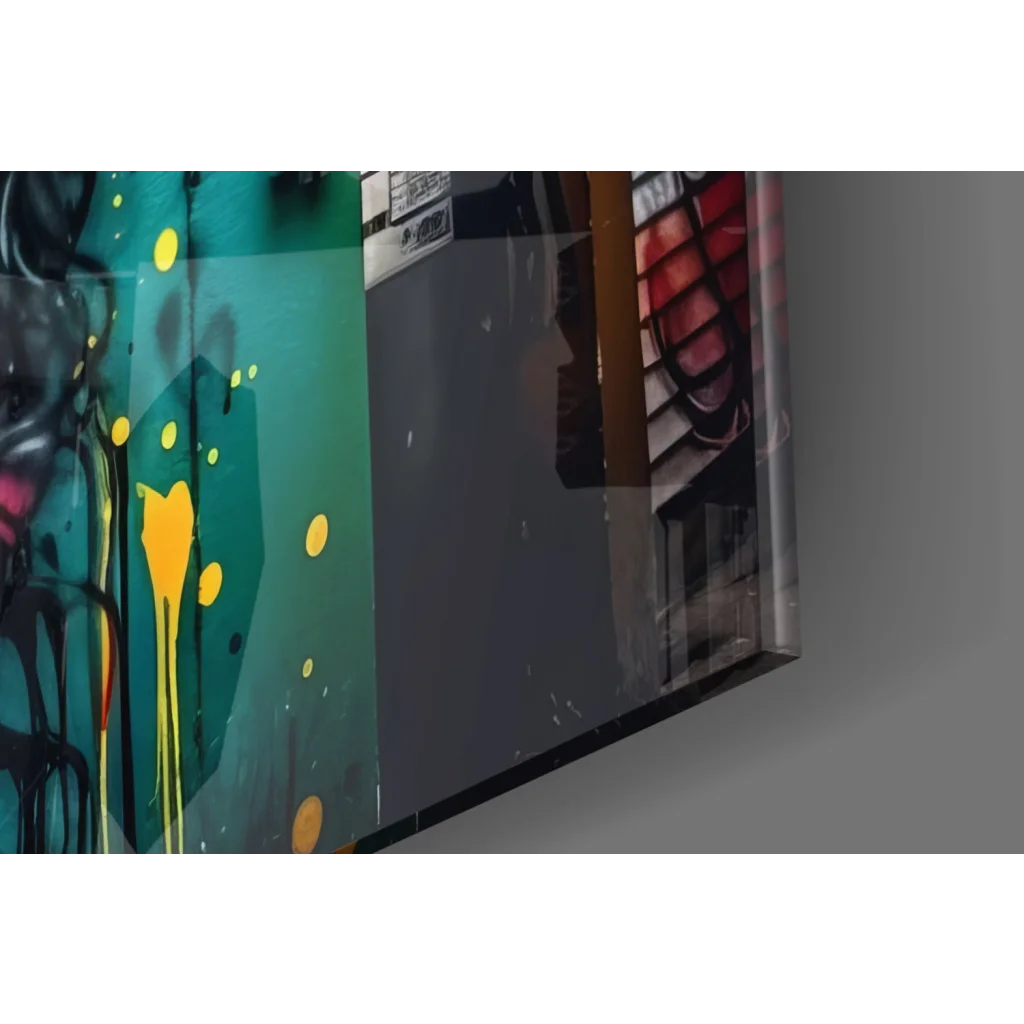 Vibrant graffiti woman portrait canvas wall art with teal yellow black paint splashes