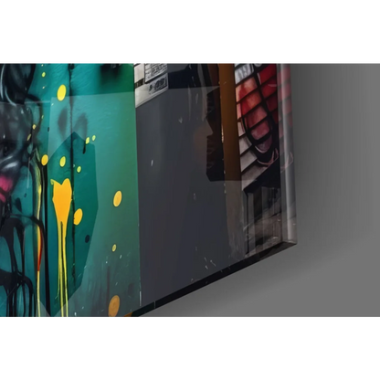 Vibrant graffiti woman portrait canvas wall art with teal yellow black paint splashes