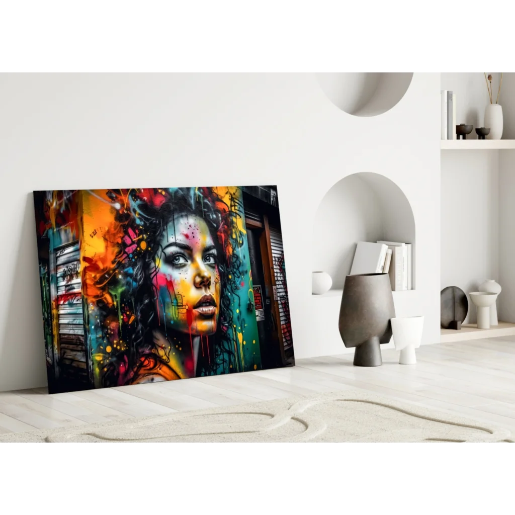 Vibrant graffiti woman portrait canvas wall art with colorful paint splashes