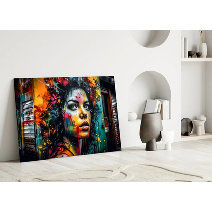 Vibrant graffiti woman portrait canvas wall art with colorful paint splashes