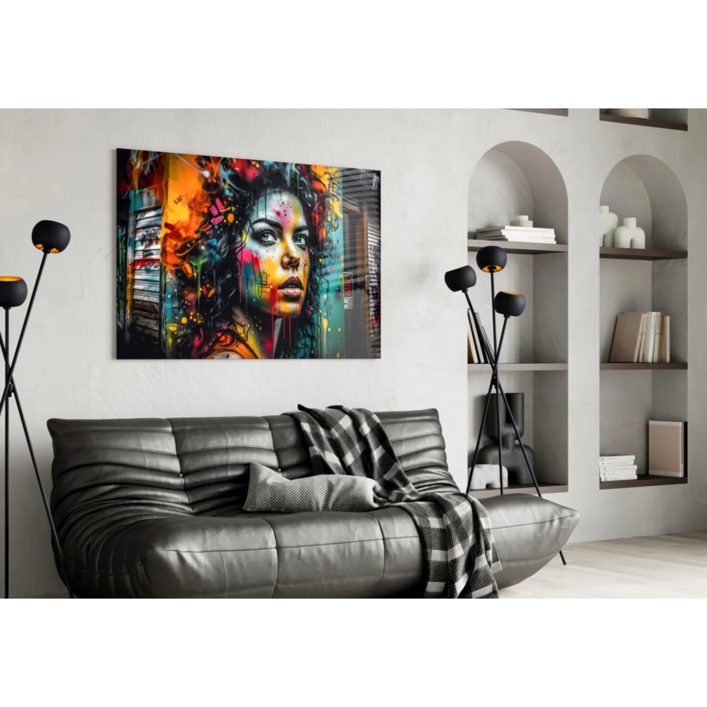 Vibrant graffiti woman portrait canvas wall art with orange teal pink splashes