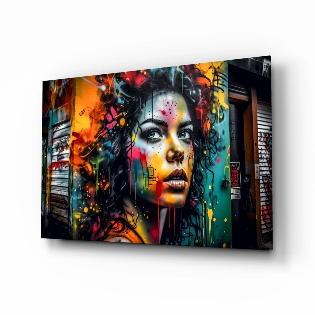 Vibrant graffiti woman portrait canvas wall art with colorful paint splashes