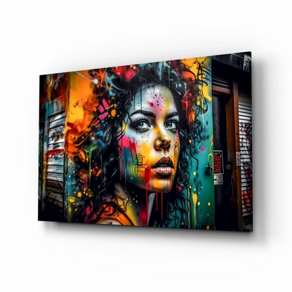 Vibrant graffiti woman portrait canvas wall art with colorful paint splashes