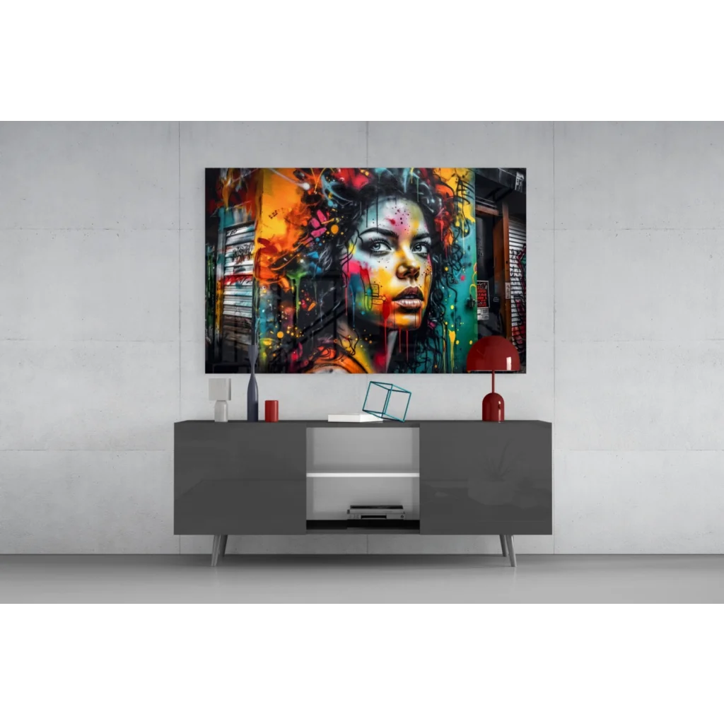 Vibrant graffiti woman portrait canvas wall art with colorful paint splashes