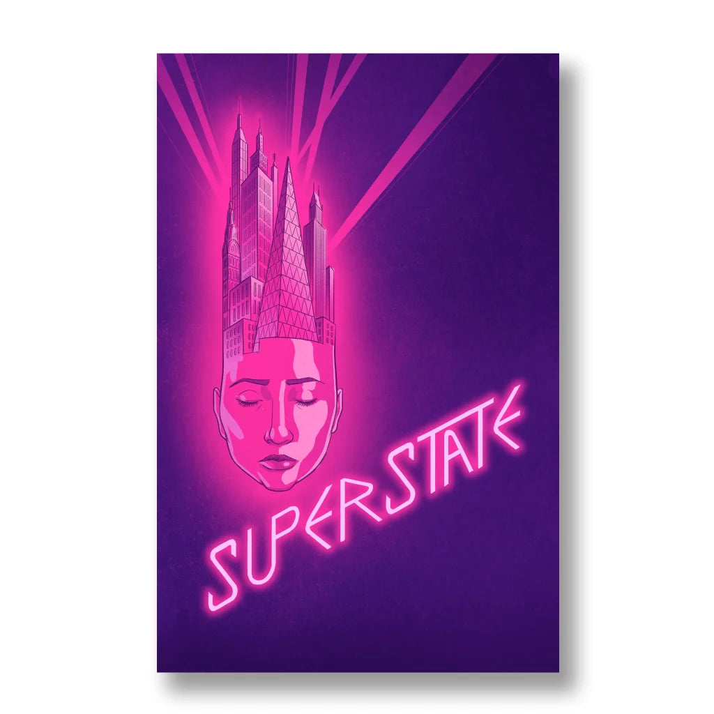 Futuristic Graham Coxon art prints with neon cityscape and SUPERSTATE sign for Yoga Town