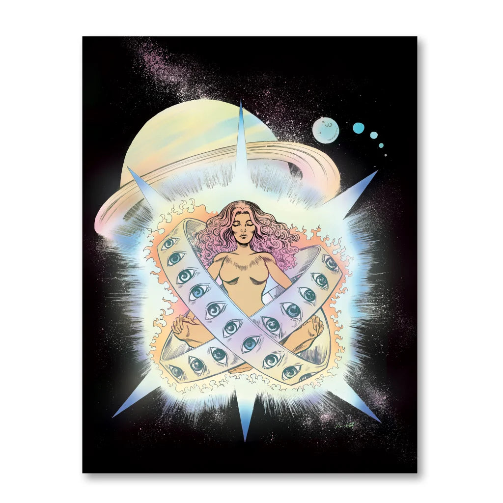 Graham Coxon art prints featuring cosmic yoga woman with pink hair and luminous aura