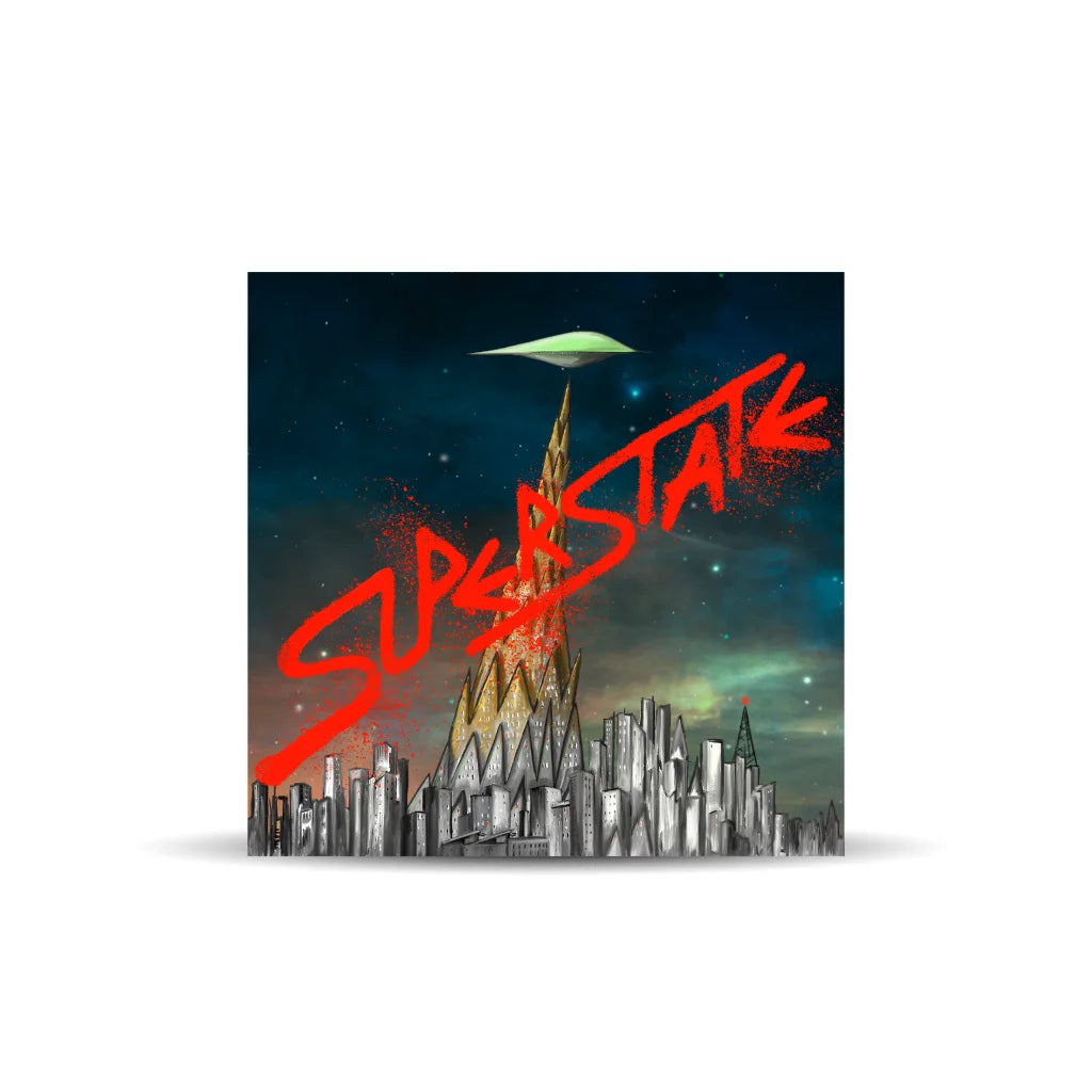 Graham Coxon Superstate album cover with futuristic city, UFO, and graffiti art prints