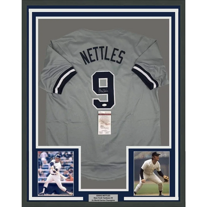Framed signed Graig Nettles Yankees jersey with two player photos, perfect for fans