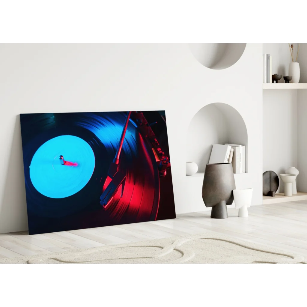 Neon vinyl record glass wall art in vibrant blue and red on black canvas