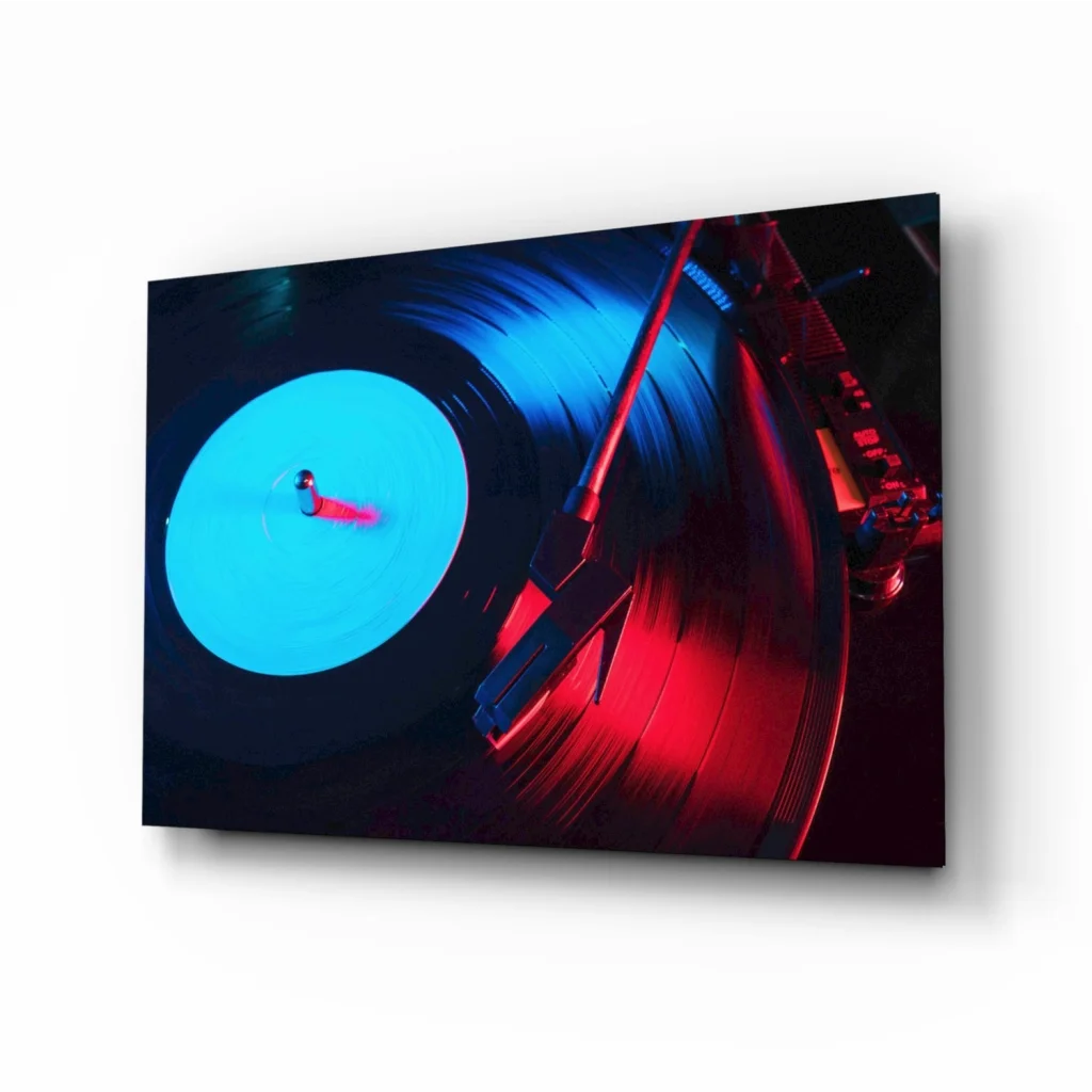 Neon vinyl record spinning on turntable in blue red glass wall art