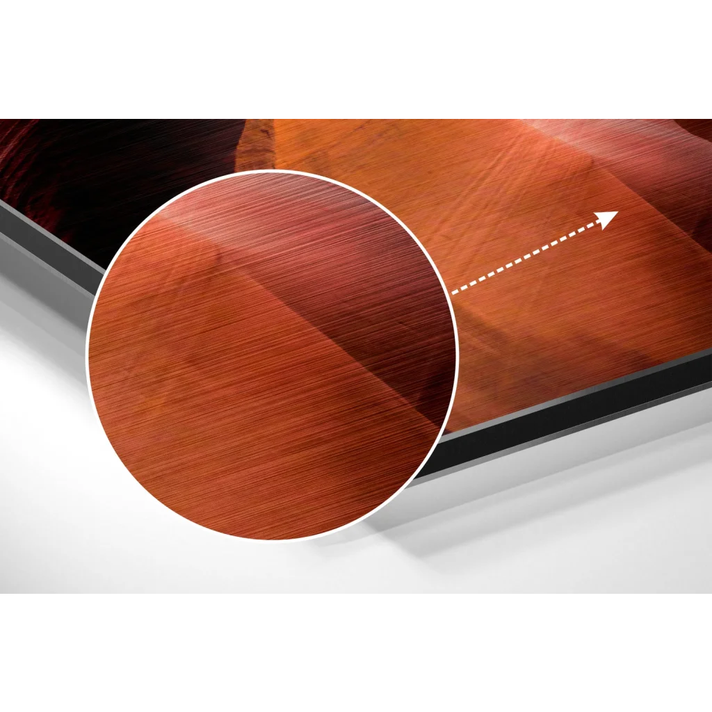 glass wall art Stunning canyon art on brushed aluminium dibond with warm wood-grain surface