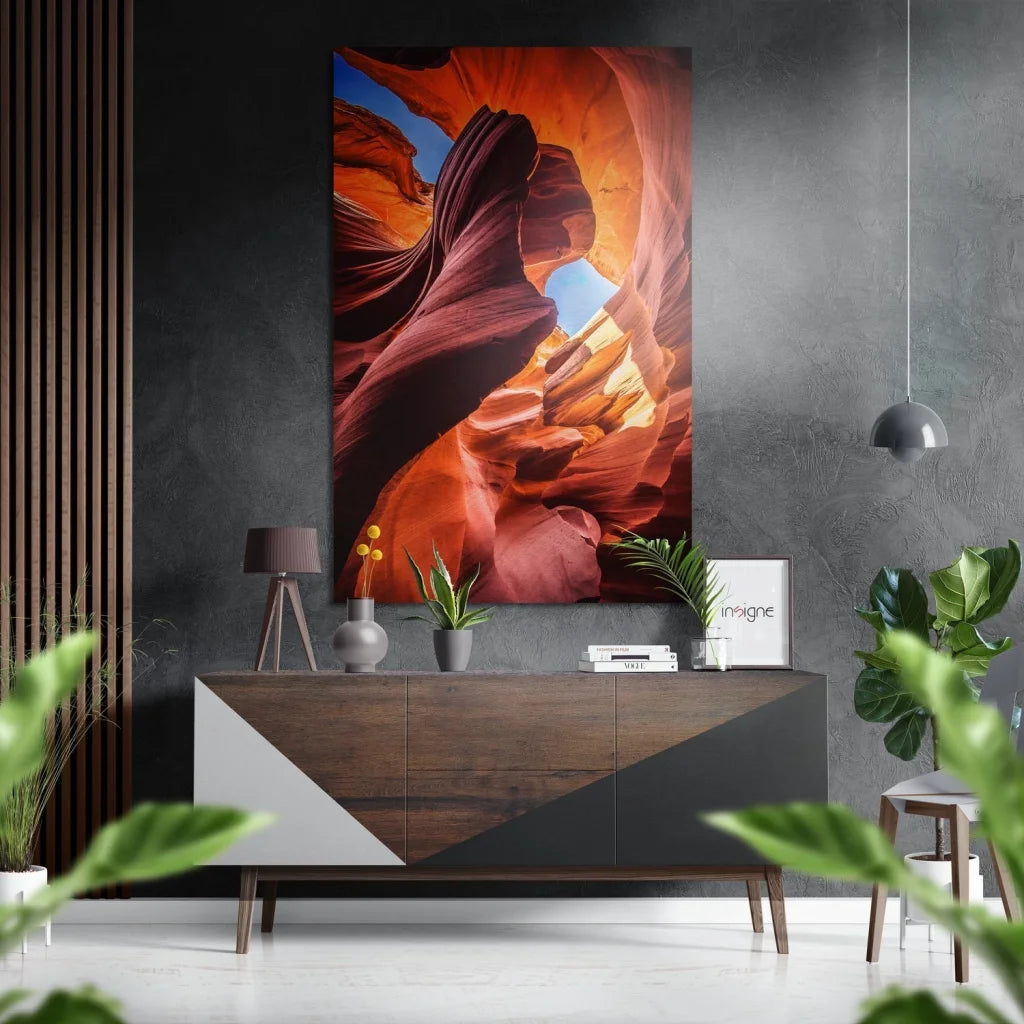 Vibrant orange red canyon on brushed aluminium dibond print on gray wall