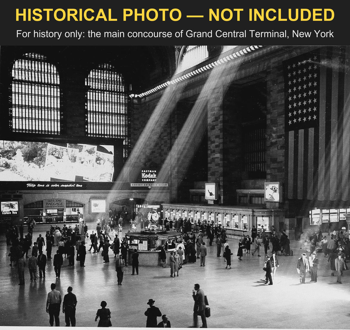 Historical photo, not included: sunlight through the windows of Grand Central Terminal's main concourse, New York, crowds on the floor, banded HISTORICAL PHOTO - NOT INCLUDED