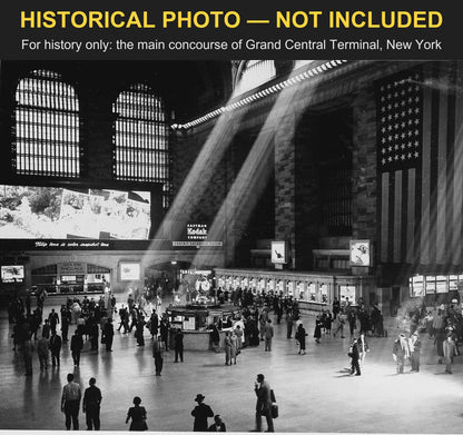 Historical photo, not included: sunlight through the windows of Grand Central Terminal's main concourse, New York, crowds on the floor, banded HISTORICAL PHOTO - NOT INCLUDED