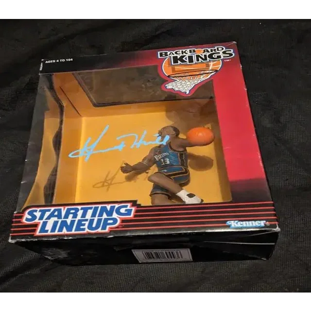 Grant Hill Auto Signed Backboard Kings basketball figure with player in blue gray uniform holding an orange ball