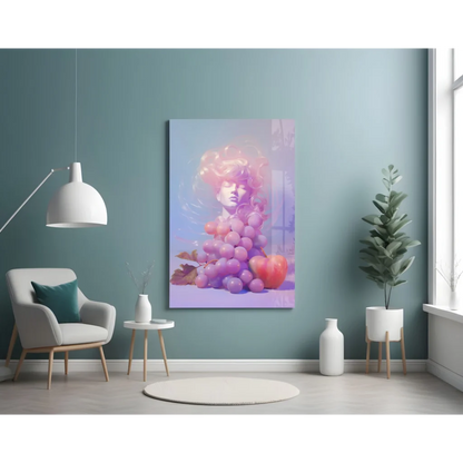 Vibrant surreal glass wall art of woman’s face with purple grapes and red apple